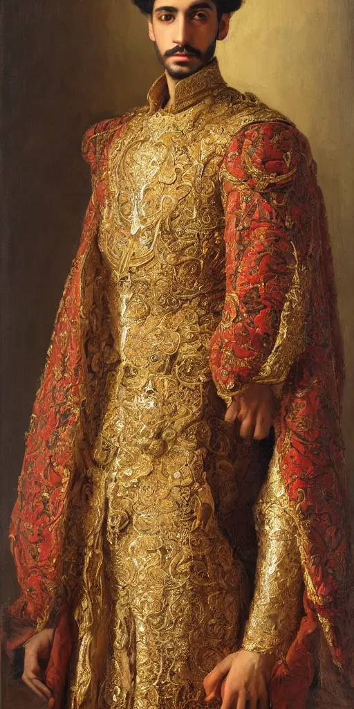Image similar to a stunning and noble highly detailed romantic period style portrait of an Arab Prince, by Josep Tapiró Baró, trending on artstation, oil painting masterpiece, symmetry, fractals, Arabic iconography