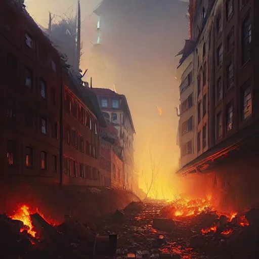 Image similar to city of munich destroyed by a meteor!!!, rubble!!, fires!! hyperrealistic, highly detailed, cinematic, foggy light from fires, beautiful, cgssociety, artstation, 8 k, oil painting by greg rutkowski, by artgerm, by wlop