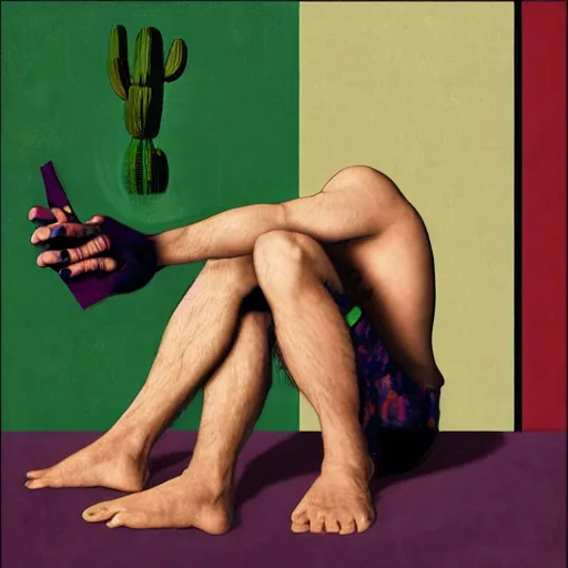 Prompt: Collage art, Young Spanish man, Art by Joshua Middleton, socks, Rene Magritte, underpants, Morrocan tiles, half a lime, cactus, succulent plants Chalk white skin, deep purple hair, Green eyes, Orange background, Mucha, Portrait of the man, surreal, ,carbon black and antique gold