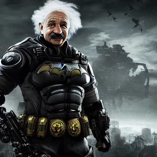 Image similar to 'Albert Einstein'! as Batman in Gears of War, splash art, movie still, detailed face, cinematic lighting, dramatic, octane render, long lens, shallow depth of field, bokeh, anamorphic lens flare, 8k, hyper detailed, 35mm film grain