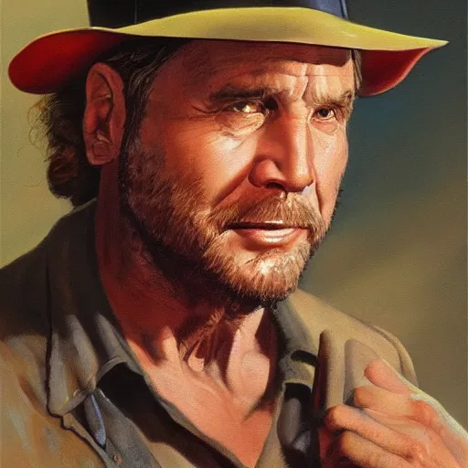 Prompt: bobcat goldthwait as indiana jones painting by frank frazetta, highly detailed, high quality, 8 k, realistic face, path traced