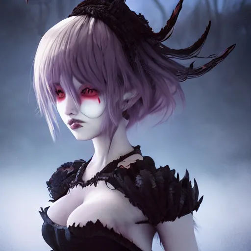 Image similar to full shot portrait of angry darkness cute anime girl at moonlight, gothic wearing, inspired by Tim Burton, Norihiro Yagi, WLOP, Marc Simonetti, Amano, Andrei Riabovitchev, detailed, unreal engine 4k volumetric light, fog,