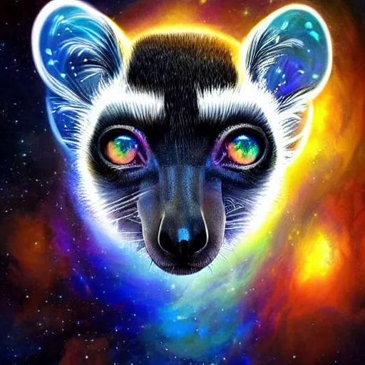 Image similar to Geometric symmetrical lemur with galaxy eyes in space, nebula in the background, intricate, elegant, highly detailed, digital painting, artstation, concept art, smooth, sharp focus, illustration, art by artgerm