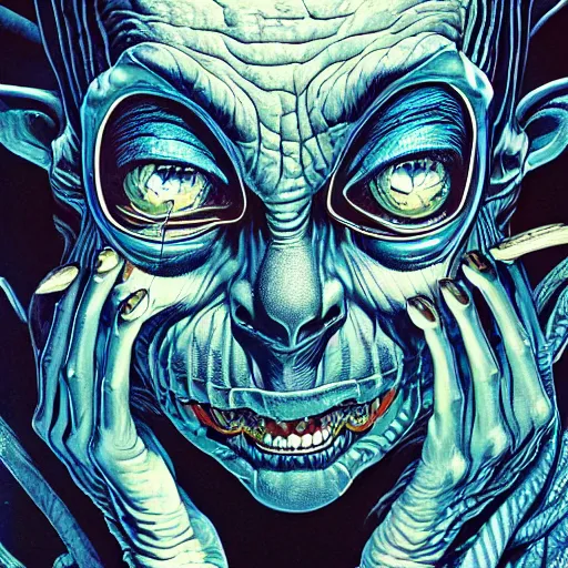 Image similar to portrait of gollum, symmetrical, by yoichi hatakenaka, masamune shirow, josan gonzales and dan mumford, ayami kojima, takato yamamoto, barclay shaw, karol bak, yukito kishiro