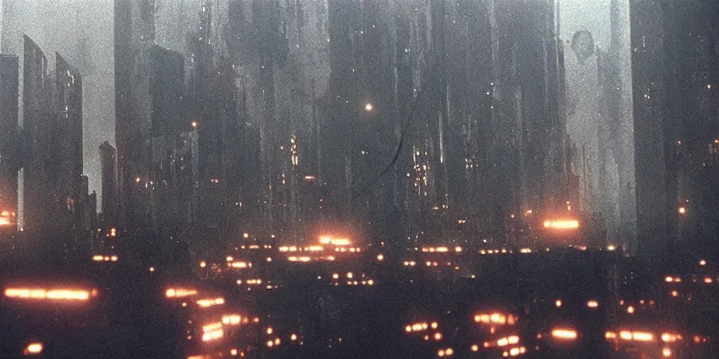 Prompt: 35mm photography film still landscape of Blade Runner 1982 city with industrial fires and smog, futuristic dystopian megacity skyline, rain falling, matte painting, cyberpunk noir, neon, sharp focus