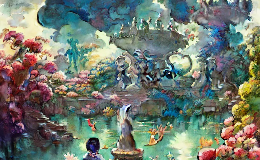 Image similar to magical fountain, fantasy. intricate, amazing composition, colorful watercolor, by ruan jia, by maxfield parrish, by marc simonetti, by hikari shimoda, by robert hubert, by zhang kechun, illustration, gloomy