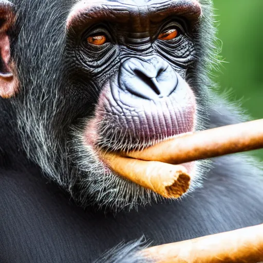 Image similar to a high detail closeup shot of a chimp wearing a suit and smoking a cigar