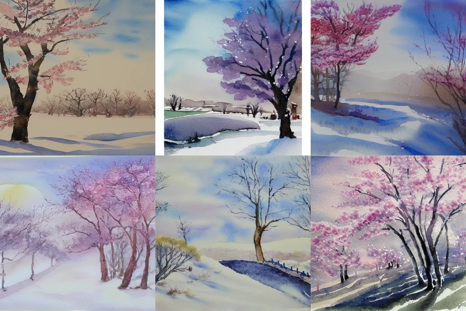 Prompt: 桜 in a winter landscape, watercolour painting