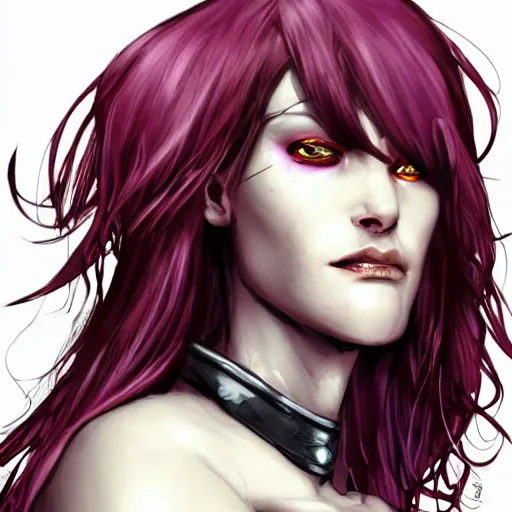 Image similar to extreme close up portrait, pale woman with flowing purple hair in rusty sci - fi power armor, high detail, eyepatch, covered eye, black and red background, stoic, elegant, muscles, powerful, commanding, by stjepan sejic, sunstone, dc comic, marvel comic