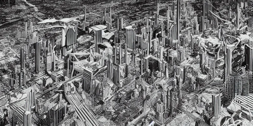 Prompt: cinematic high contrast graphic illustration of hyper detailed highway realistic afro futurist city blocks in a jungle by frank lloyd wright architect, helicopters, wide angle, insanely detailed and intricate