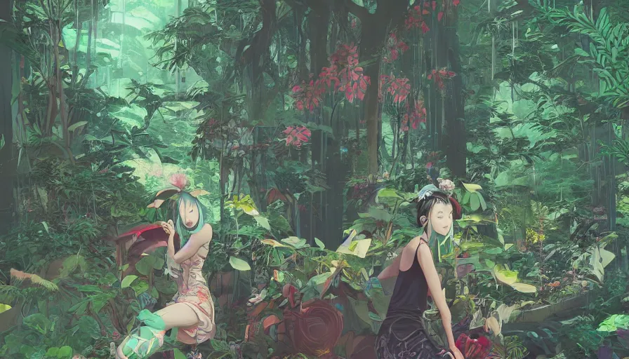 Image similar to a digital painting of a woman exploring a japanese temple, lush plants, eco - cyberpunk art by james jean, cgsociety, retrofuturism, anime aesthetic, chromatic, iridescent