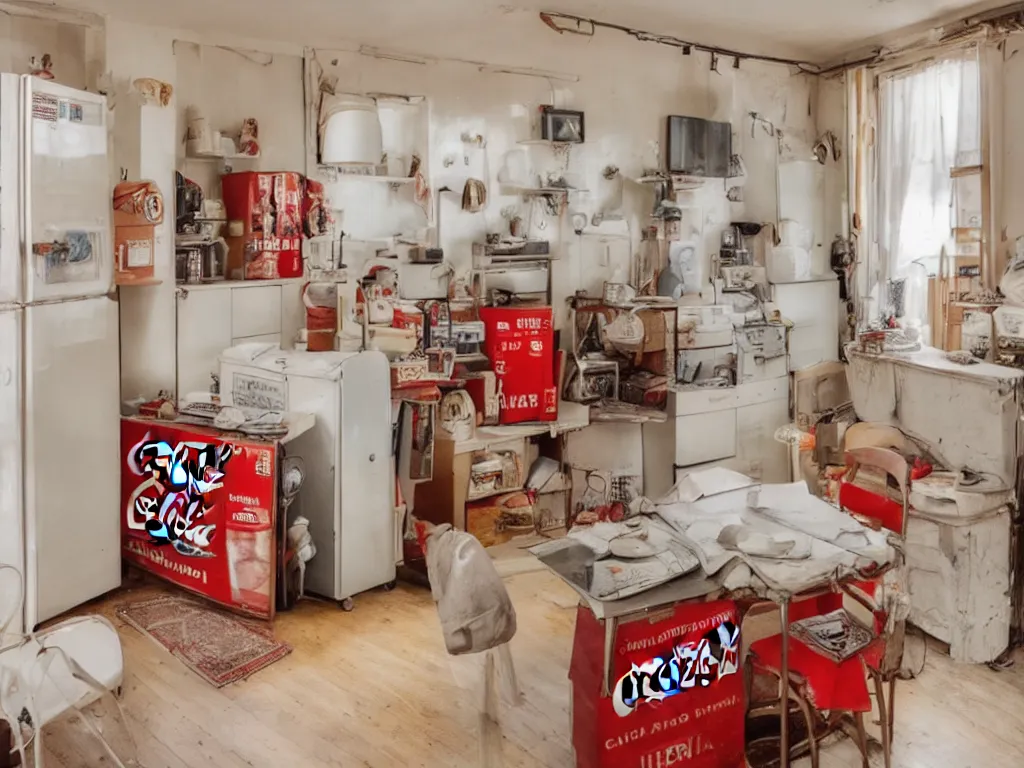 Image similar to a photo of a room with excellent interior design, natural light, some dappled light, vintage coca cola refrigerator