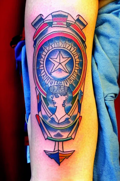 Prompt: American traditional tattoo of a sailor, detailed line work, bright colors, tattoo by Tony BLUEARMS