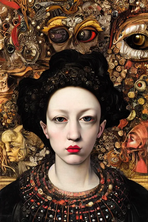 Prompt: Detailed maximalist portrait with large lips and with large eyes. HD mixed media, 3D collage, highly detailed and intricate illustration in the style of Caravaggio, baroque dark art