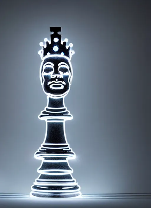 Image similar to queen chess piece photo, crown made of led point lights, pearlescent skin, skin made of led point lights, very detailed, highly detailed background, reflective chessboard, photorealism, sharp focus, photorealism , soft diffuse autumn lights, some sunlight ray, dark room wall, canon 5D 50 mm lens