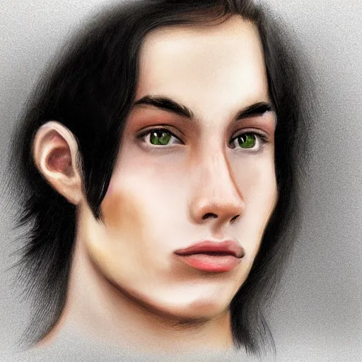 Prompt: a digital portrait of a 19 year old with black hair,hazel green eyes, drawn in the style of mark Arian