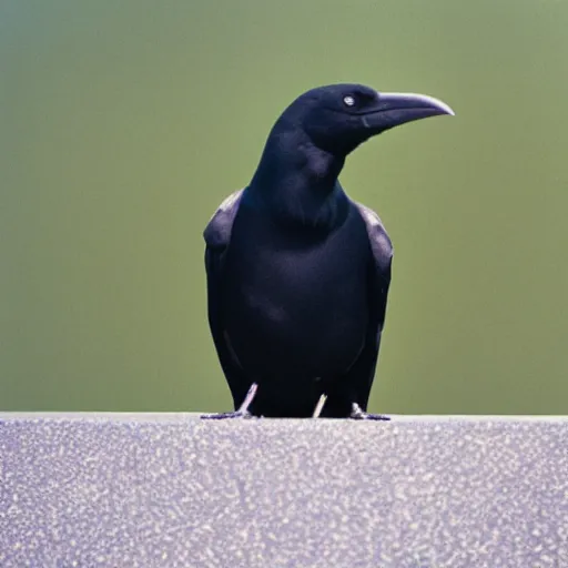 Image similar to close up of a obese crow with a round body short legs and large black beak sitting in a black stone obelisk, high resolution film still, film by Jon Favreau