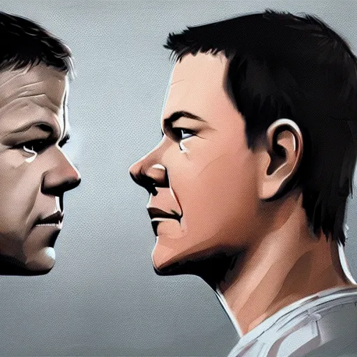 Prompt: Matt Damon and Mark Wahlberg looking at each other confused in the mirror, artstation, concept art, smooth, sharp focus, illustration