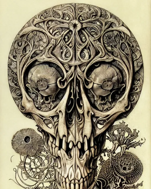 Image similar to memento mori by arthur rackham, art forms of nature by ernst haeckel, exquisitely detailed, art nouveau, gothic, ornately carved beautiful skull dominant, intricately carved antique bone, art nouveau botanicals, ornamental bone carvings, art forms of nature by ernst haeckel, horizontal symmetry, arthur rackham, ernst haeckel, symbolist, visionary