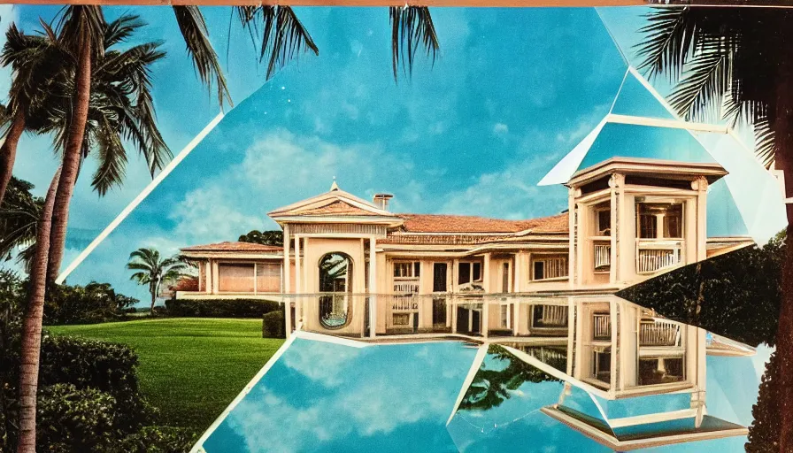 Prompt: A 1985 vintage magazine architecture photo of a mansion, mediterranean architecture, refracted lines and sparkles, thunderstorm outside, beach and tropical vegetation on the background major arcana sky and occult symbols, hyperrealistic 8k uhd, award-winning, 1985