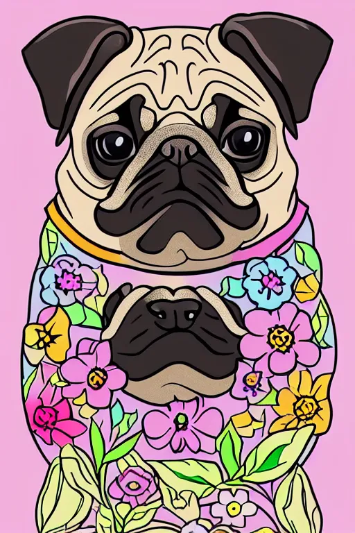 Image similar to portrait of a flower pug, art by milka oxana, sticker, colorful, illustration, highly detailed, simple, smooth and clean vector curves, no jagged lines, vector art, smooth