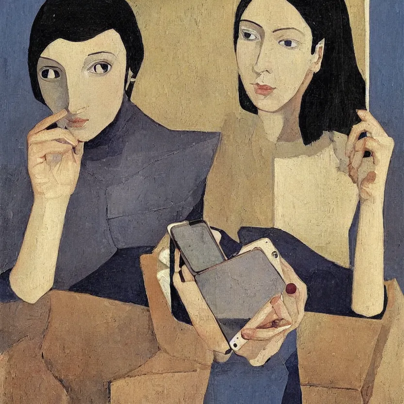 Image similar to a painted portrait of a smartphone by felice casorati, aesthetically pleasing and harmonious natural colors, expressionism