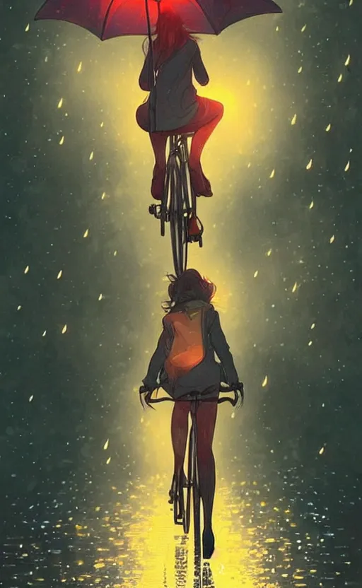 Image similar to a beautiful illustration of a woman riding a bicycle in a rainy night, fiery particles!!!, anime aesthetic, midnight theme, depth of field, bokeh, composition study, featured on artstation, by art by artgerm and greg rutkowski and alphonse mucha, vertical orientation