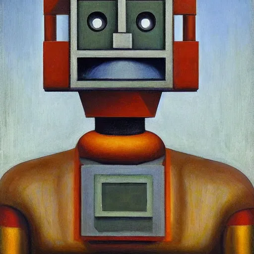 Image similar to three brutalist robot judges portrait, grant wood, pj crook, edward hopper, oil on canvas