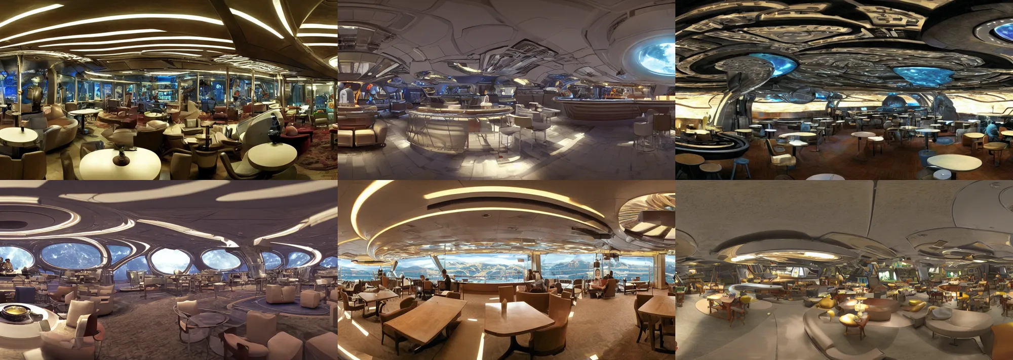 Prompt: panoramic shot of the scientifically accurate interior lounge and café of the interstellar ship in the 22th century, 2005 cinematography