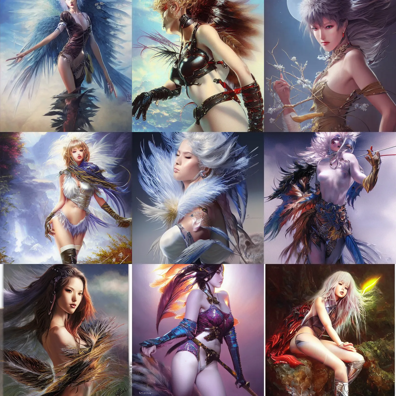 Prompt: cyber special genba eighy feathers, mist, coherent composition, fantasy painting by artgerm, noriyoshi ohrai, yuumei