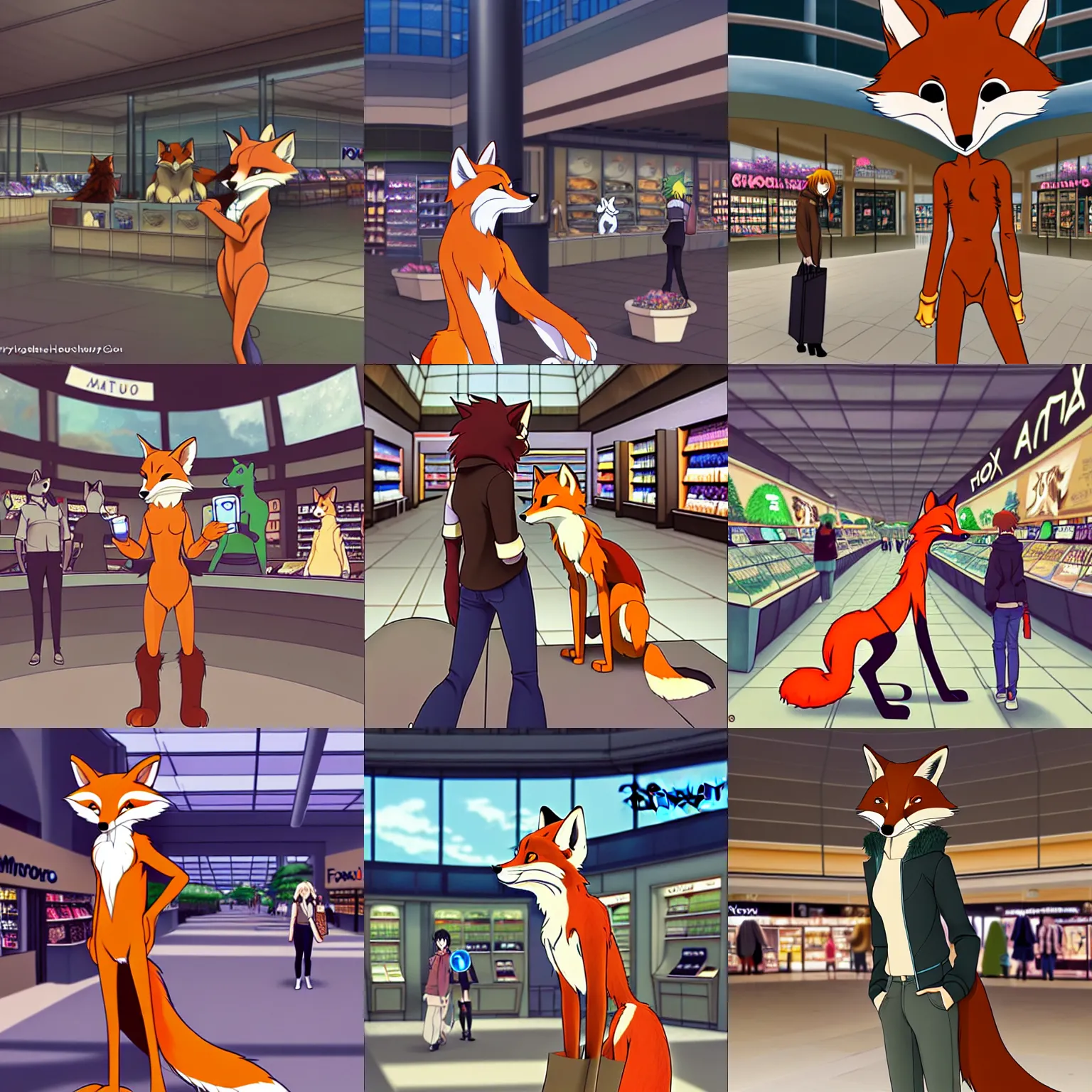 Image similar to an anthropomorphic natural furry ( fox ) shopping at a futuristic mall, photorealistic!!!!, anime!!!!, makoto shinkai, james gurney, don bluth, disney, hibbary, dark natasha, goldenwolf, furaffinity, fursona, commission