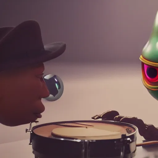 Image similar to cinematic film still of Pharrell Williams Making A Beat with an anthropomorphic alien, Japanese VFX, 2018, 400mm lens, f1.8, shallow depth of field,film photography