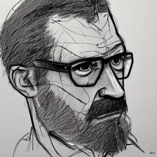 Image similar to a realistic yet scraggly portrait sketch of the side profile of a stern and sophisticated gordon freeman, trending on artstation, intricate details, in the style of frank auerbach, in the style of sergio aragones, in the style of martin ansin, in the style of david aja, in the style of mattias adolfsson