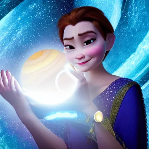 Image similar to closeup of a woman wearing a neckless with a glowing planet Saturn as the pendant, the rings are glowing around the planet, the woman's hand reaching for the pendant, in the style of Disney frozen