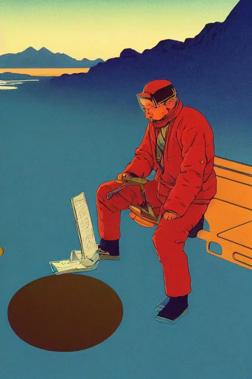 Image similar to a closeup portrait of an young man taking mind altering drugs, a blotter paper of lsd acid and dreaming psychedelic hallucinations in the vast icy landscape of antarctica, by kawase hasui, moebius, edward hopper, colorful flat surreal design, hd, 8 k, artstation