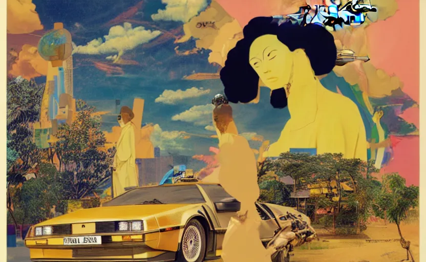 Image similar to a yellow delorean in clouds above, golden hour, african, colourful art by salvador dali, hsiao - ron cheng & utagawa kunisada, magazine collage,