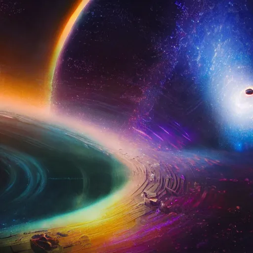 Image similar to glowing glorious 3D black hole in movie, intergalactic, space theme, galaxy colored, hyperdetailed, digital painting, trending on Artstation, cel-shading style, CG society, hyperdetailed, digital painting, hypermaximalist, golden ratio, volumetric, octane render, weta digital, micro details, 3d sculpture