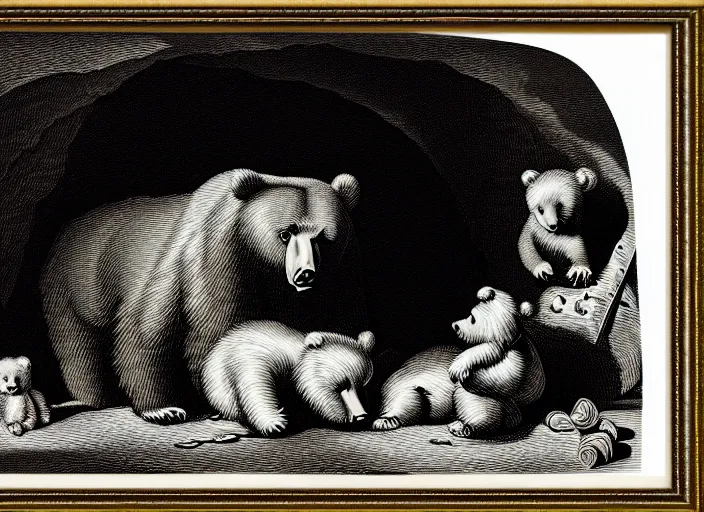 Image similar to Pieter Claesz's 'bear and her cubs sleeping in a dark cave lit by campfire', night time, cross hatching, framed