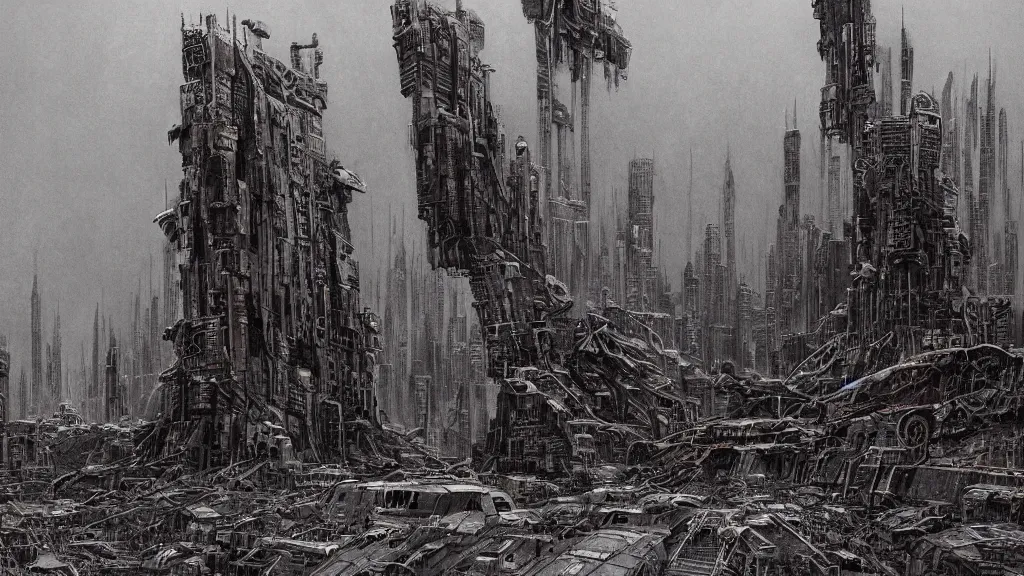 Image similar to group of survivors, megastructures, remnants of the human civilization, post - apocalyspe, machines, bleak, eerie atmospheric, a color illustration by tsutomu nihei, gerald brom and vincent di fate, epic cinematic matte painting