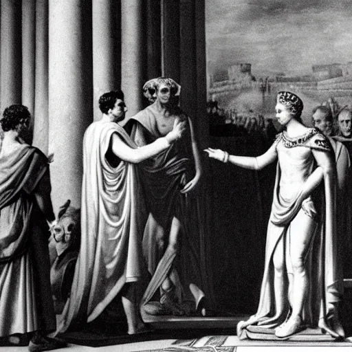 Image similar to detailed black and white photo of queen elizabeth ii meeting julius caesar in ancient rome