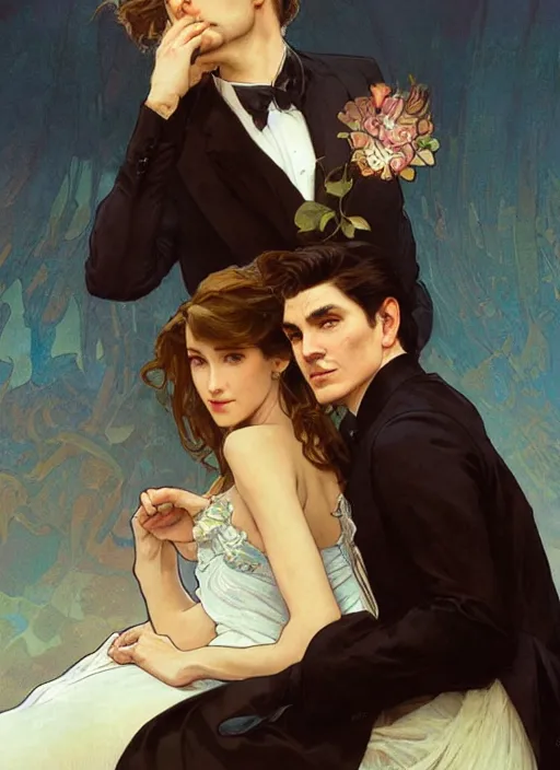 Image similar to an elegant couple, a man and a woman, sit together on a crescent moon. close up on highly detailed faces. painting by artgerm and greg rutkowski and alphonse mucha.