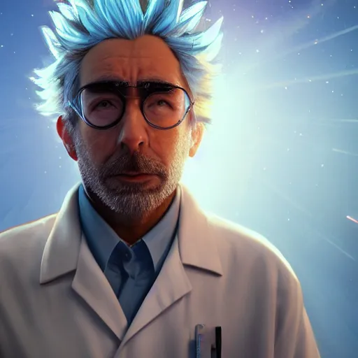 Image similar to portrait art of rick sanchez, lab coat, unibrow, 8 k, lens flare, atmosphere, glow, detailed, intricate, full of colour, cinematic lighting, trending on artstation, 4 k, hyperrealistic, focused, extreme details, unreal engine 5, cinematic, masterpiece