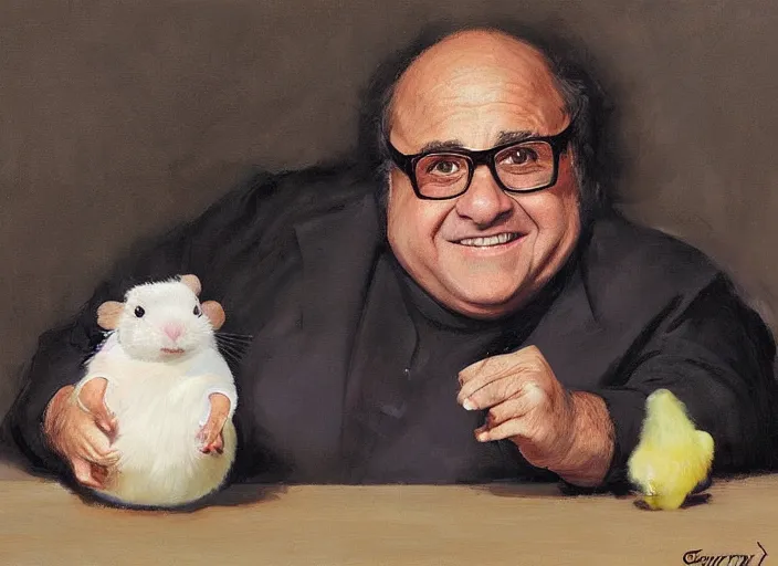 Prompt: a highly detailed beautiful portrait of danny devito with a hamster, by gregory manchess, james gurney, james jean