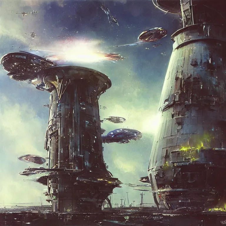 Image similar to “a giant spaceship crashing into a large futuristic water tower, sci-fi concept art, by John Harris, by John Berkey, hyper realistic painting”