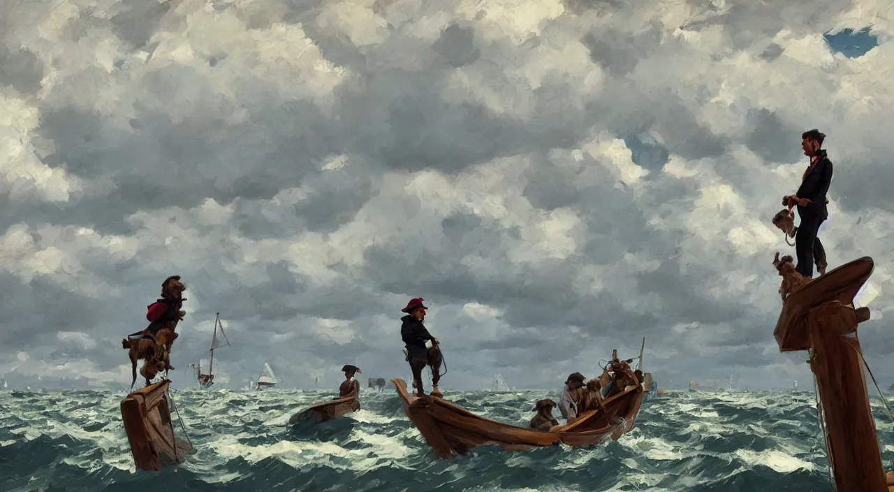 Image similar to havanese dogs and men looking worried, standing on top of a barquetine sailing boat, stormy skies, 1 9 0 0, looking out to the see, leaving the port at havana, 1 9 0 0, tartakovsky, atey ghailan, goro fujita, studio ghibli, rim light, dark lighting, clear focus, very coherent