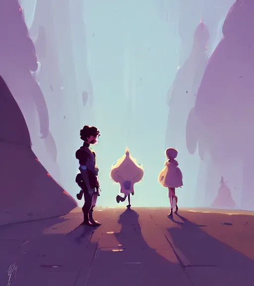 Prompt: a princess and a prince standing face to face by atey ghailan, by greg rutkowski, by greg tocchini, by james gilleard, by joe fenton, by kaethe butcher, dynamic lighting, gradient light blue, brown, blonde cream and white color scheme, grunge aesthetic