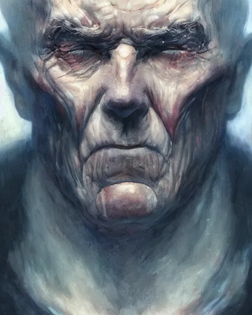 Image similar to old shaved man with a big scar on his blind left eye, elegant, hard edges, wrath, muscles, ethereal, science fiction, supervilain, fantasy art by greg rutkowski and magali villeneuve and claude monet