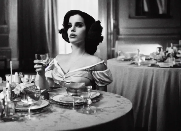 Prompt: movie still of a lana del rey with a very big bust sitting at a table, titanic ship interior, directed by Quintin Tarantino