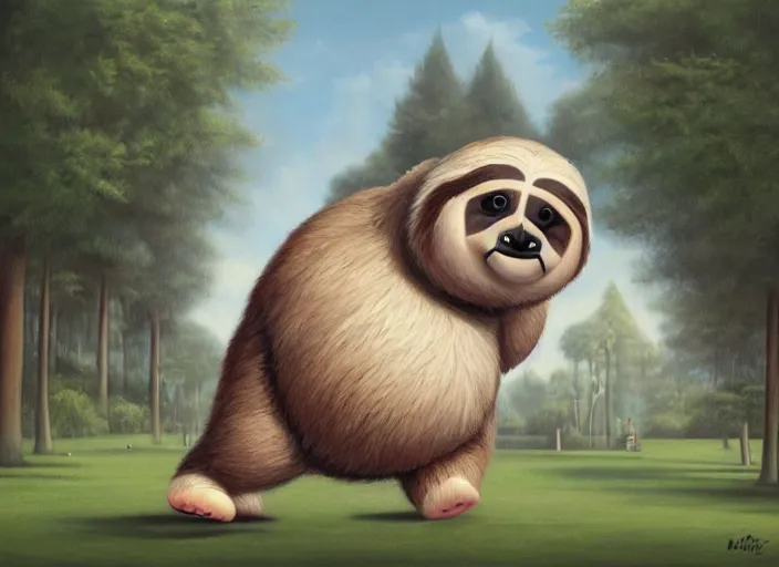 Image similar to anthro fat sloth going for a run in the park, wearing running sneakers and a muscle tee - shirt, dynamic active running pose, an ultrafine detailed painting by mark ryden, trending on deviantart, pop surrealism, whimsical, lowbrow, grotesque