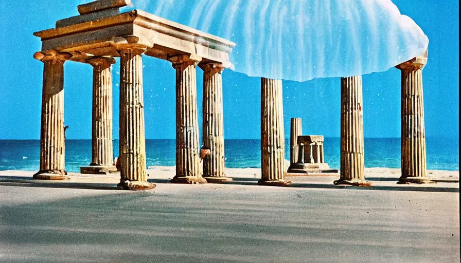 Image similar to A 1985 vintage magazine architecture photo of a beach doric temple, mediterranean architecture, refracted lines and sparkles, thunderstorm outside, beach on the background major arcana sky and occult symbols, hyperrealistic, award-winning, 1985